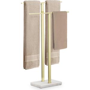 KES Standing Towel Rack with Marble Base, 2-Tier Towel Stand for Bathroom Floor, Upgrade Steady Design, T-Shaped Towel Drying Rack Gold, SUS304 Stainless Steel, Brushed Gold Finish, BTH217-BZ