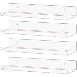 Yieach Clear Acrylic Shelf 15" Invisible Floating Wall Ledge Bookshelf, Kids Book Display Shelves Wall Mounted (15 Inch 4Pack)
