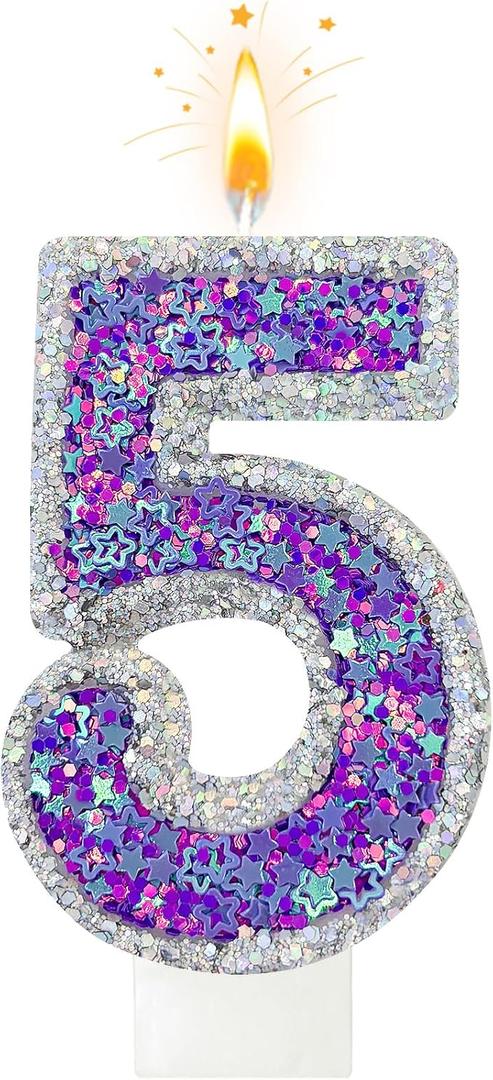 K-pop Music Number 5 Birthday Candle Glitter Purple Silver Cake Topper for Kpop Music Themed Birthday Party Decorations