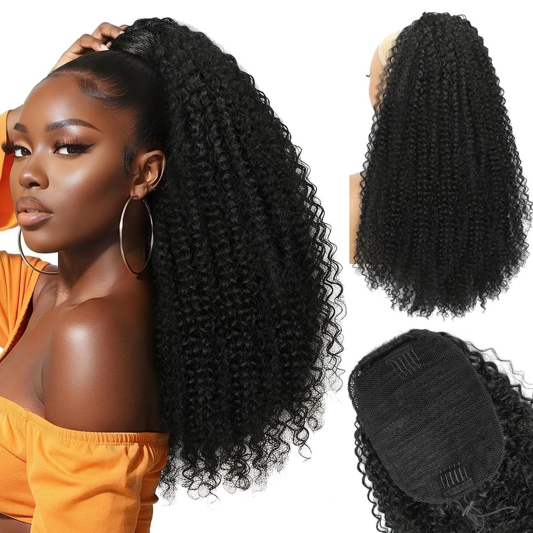Drawstring Ponytail Extension for Black Women Long Kinky Curly Pony Tails Hair Extensions 22" Fluffy Natural Looking Synthetic Hairpiece for Daily Use (1B#, 22 Inch)