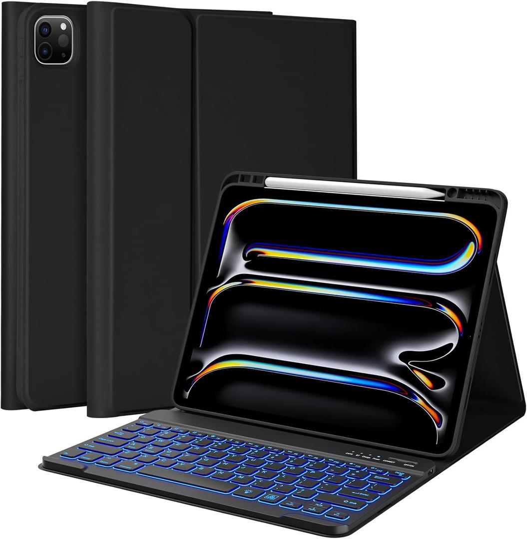 BQSS for iPad Pro 13 inch Case with Keyboard (M5/M4, 2025/2024), 7 Colors Detachable Backlit Keyboard for iPad Pro 13, Flip Stand Case with Pencil Holder, Auto Sleep/Wake, Multi-use Mode, Black