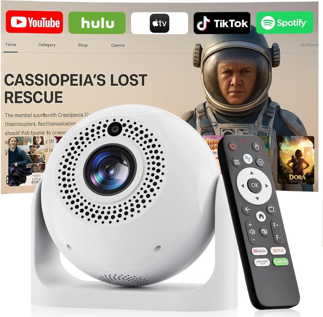 Mini Projector with WiFi and Bluetooth Auto Focus & Vertical Keystone Smart Portable Projector Android 13 with Built in Apps 1080P HD 4K Support w/ HDMI/USB Supported Home Movie Projector (White)