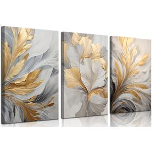 3Pcs Modern Abstract Golden White Leaves Canvas Wall Art Neutral Botanical Wall Decor Pictures Luxury Posters Prints for Living Room Bedroom Office Home Decorations, 12x16in