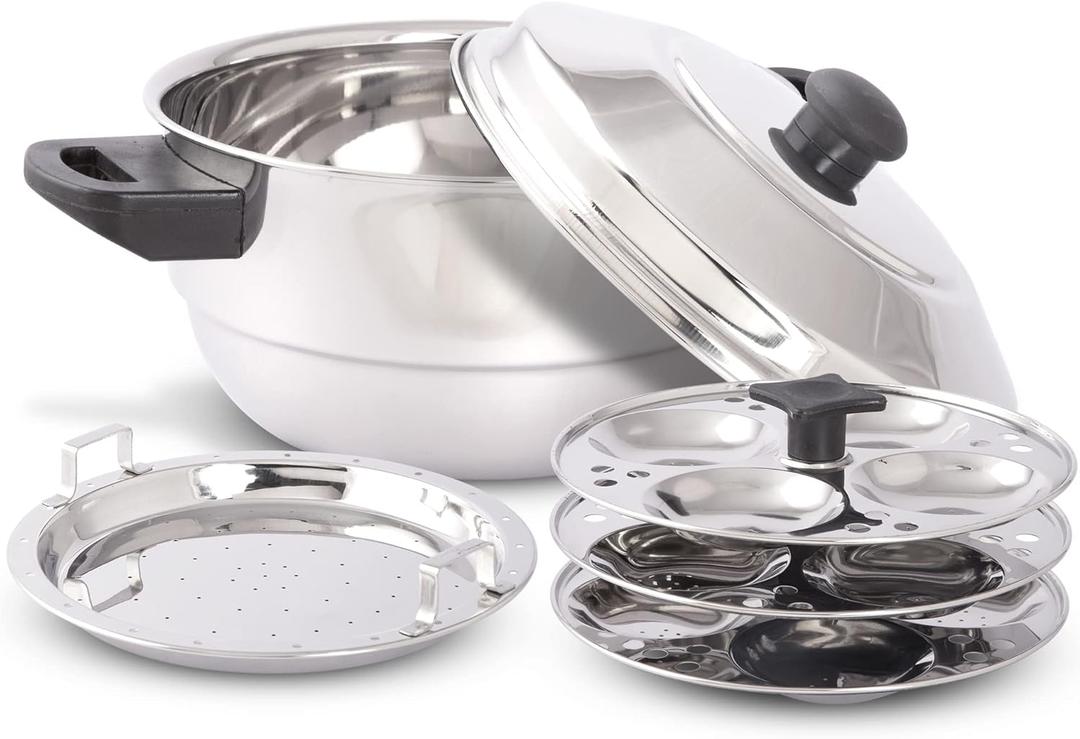 Stainless Steel 5 pcs Multi Kadai (Induction Friendly) Idli Cooker with Stainless Steel lid, 3 idli Plates (12 Idlis), 1 patra Plate, Silver