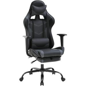 High Back Gaming Chair, Ergonomic Computer Chair with Footrest, Headrest and Lumbar Support, Height Adjustable PU Leather Desk Office Chair for Adults, Grey