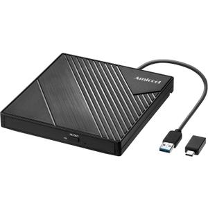 Amicool External DVD Drive USB 3.0 USB C CD Burner CD/ DVD +/ -RW Optical Drive, Slim Portable DVD CD ROM Rewriter Writer Duplicator for Laptop Desktop PC Windows 11/ 10/ 8/ 7 MacBook Mac Linux OS Apple