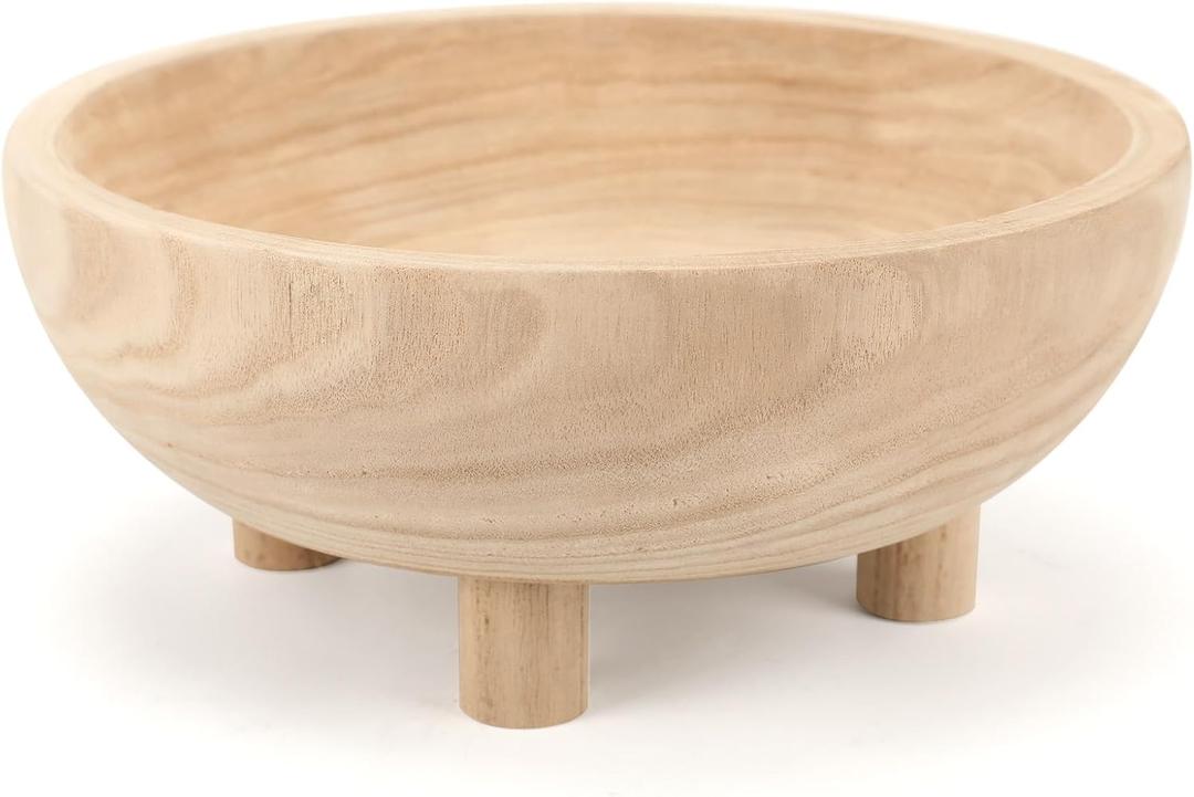 Wooden Decorative Bowl | 11" Large Wood Fruit Bowl for Kitchen Counter | Key Bowl for Entryway Table, Table Centerpieces, Shelf, Coffee Table | Natural Organic Paulownia Wood Bowl with Base | White