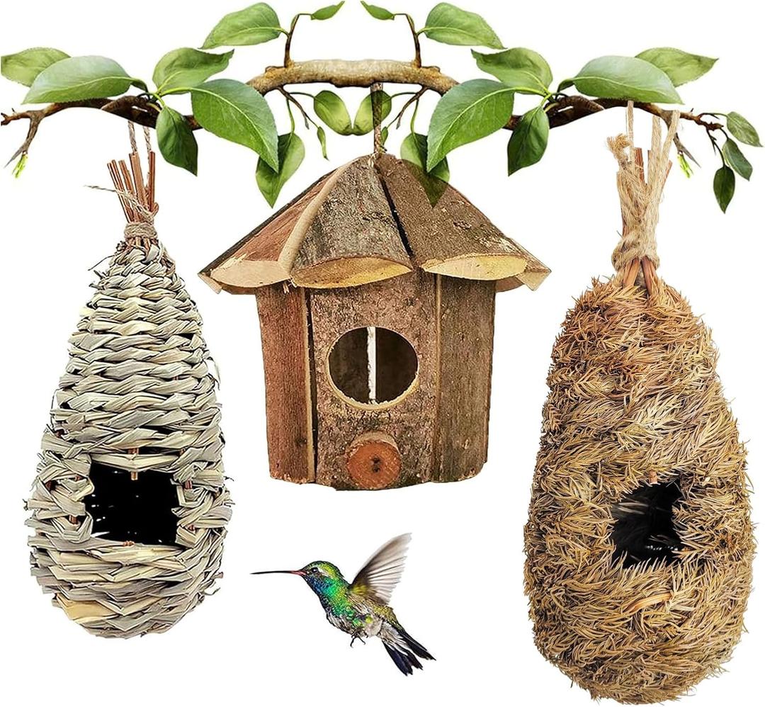 Hamiledyi Humming Bird Houses Nest, Hand Woven Wooden Vintage Chickadee Finch Hut Outdoor Hanging Natural Grass Birdhouse Nest for Canary Finches Robin Wren- Set of 3