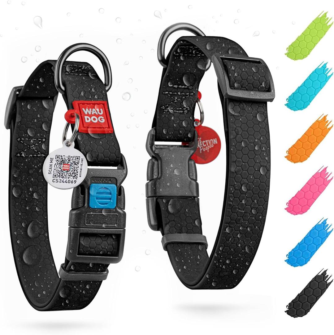 WAUDOG Waterproof Dog Collar - Adjustable Dog Collar for Large Dogs, Small and Medium Dogs - Breakaway Dog Collar Waterproof with Plastic Buckle and QR Dog Tag - Boy & Girl Dog Collars (Black) (9" - 14" Neck * 3/5" Wide (Plastic Buckle))