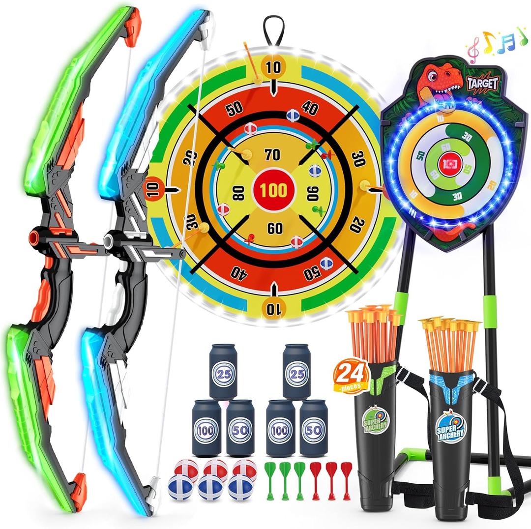 2 Pack Kids Bow and Arrow with 29" Large Dart Board, LED Light Up Archery Set with 24 Suction Cup Arrows, Indoor Outdoor Sport Dinosaur Toys Gifts for 3 4 5 6 7 8 9 10 11 12 Year Old Boys Girls
