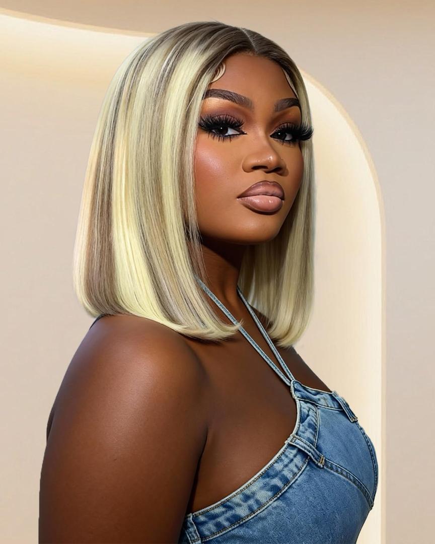 Alididi Highlight P18/613 Blonde Bob Wig Human Hair Straight 13x5 HD Transparent ombre Lace Front Wigs Human Hair Pre Plucked Short Bob Wig human hair 180% Density 613 bob wigs for black women 10 Inch