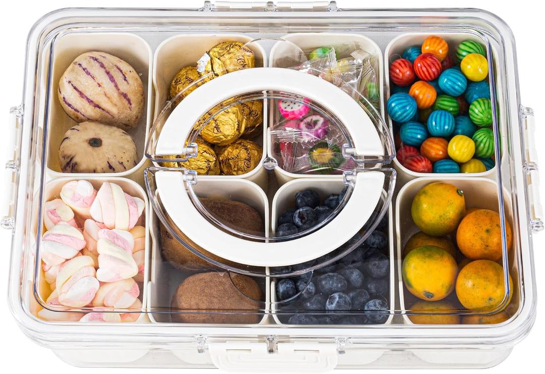Amzcku Divided Serving Tray with Lid and Handle - Snackle Box Charcuterie Container for Portable Snack Platters - Clear Organizer for Candy, Fruits, Nuts, Snacks - Perfect for Party, Entertaining (1 pack 8 Compartments)