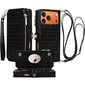 Crossbody Wallet Case for iPhone 17 Pro Max with Mirror, Wrist Strap, Zipper Purse Magnetic Flip, RFID Blocking Card Holder, Wireless Charging, PU Leather Shockproof 6.9" Women (Black)