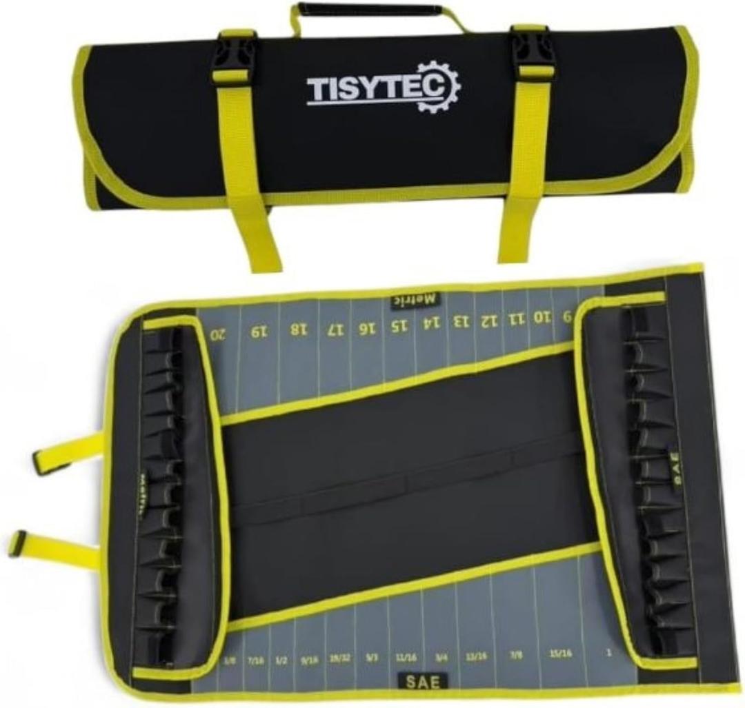 4-in-1 Wrench and Socket Tool Roll Bag 52-Pocket Heavy Duty Organizer for SAE & Metric Sets (1/2" Dr. Sockets) Mobile Mechanic and Fleet Maintenance Tool Wrap Pouch (Industrial Yellow)