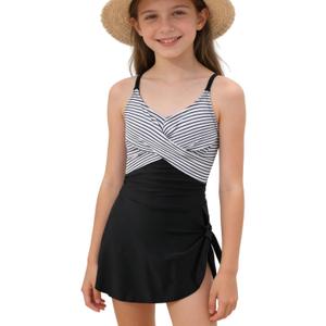 Girls 2 Piece One Piece Swimsuit with Cover Up Quick Dry Adjustable Straps Hollow Out Bathing Suit for 12-13 Years (Black)