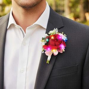 Yean LED Red Wedding Boutonniere Groom Rose Flower Suits Decorations Light Up Prom Buttonholes Accessories for Men (Red-Color Light)