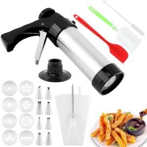 20PCS Cookie Press Gun Kit,Stainless Steel Churro Maker Machine with 8 Piping Nozzles,8 Cookie Discs & 2 Brushes,Piping Bag,Cake Spatula,for DIY Biscuit Cake Dessert Making
