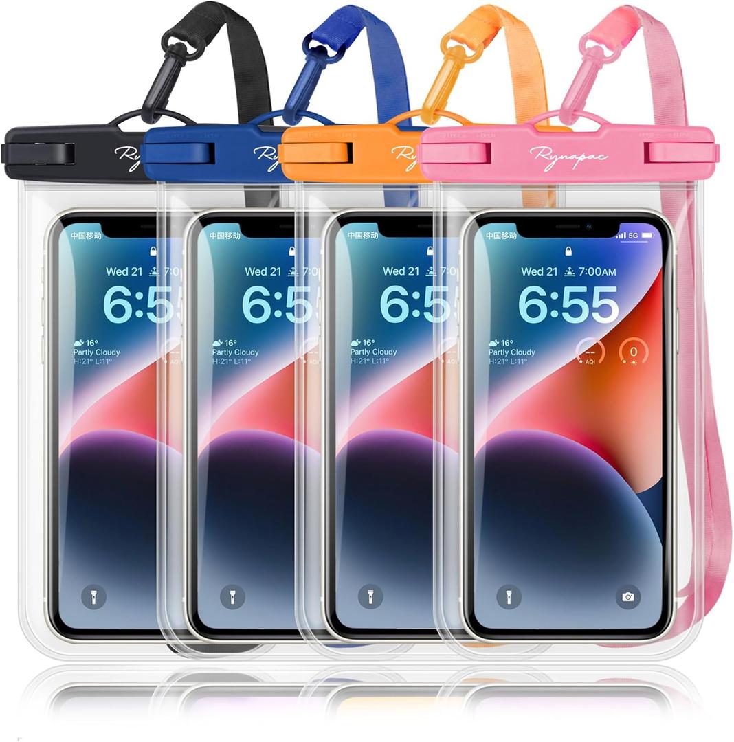 Waterproof Phone Pouch Bag - 7.5in Water Proof Cell Phone Case for Beach Travel Must Haves, Waterproof Phone Holder with Lanyard for iPhone 16 15 14 Pro Max Galaxy S24+ Pixel 8 Pro, Cruise Essentials ([Black+Nav+Orangey+Pink] Waterproof Phone Pouch)