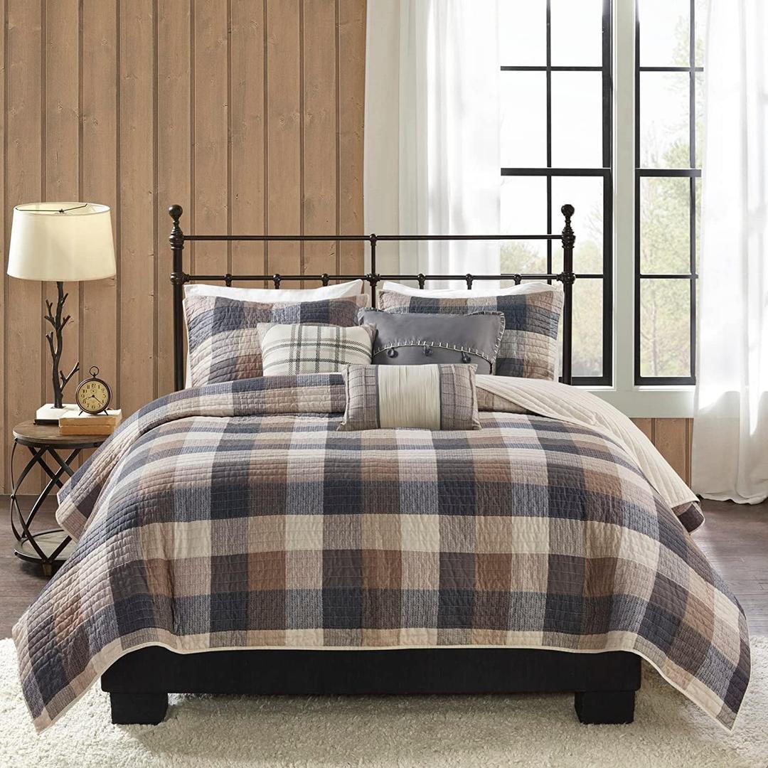 Madison Park Reversible Quilt Cabin Lifestyle Plaid Design - All Season, Breathable Coverlet Bedspread Bedding Set, Matching Shams, Full/Queen(90"x90"), Neutral 6 Piece