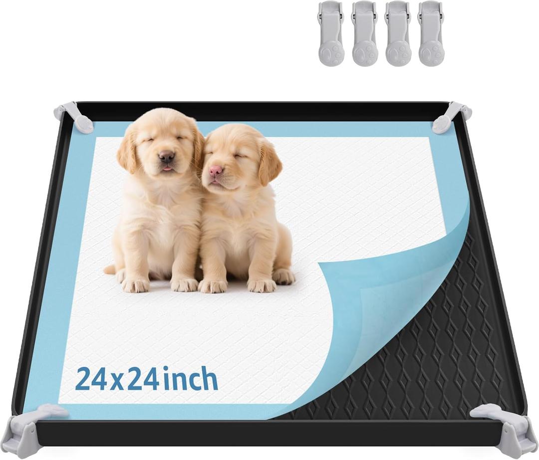 LOOBANI Dog Pee Pad Holder - Non-Slip Silicone Dog Potty Tray with 4 Clamps, High Edge Puppy Pad Holder Tray, 24" x 24" Square Puppy Potty Training Pads, Black