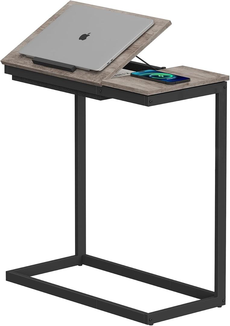 TUTOTAK C Shaped End Table, Large Side Table Tiltable Desk with Storage Bag, TV Tray Under Couch Table for Livingroom, Bedroom, Greige TB01BG089