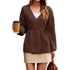 Saodimallsu Womens Wrap V Neck Cardigan Sweaters Tie Front Long Sleeve Soft Knit Dressy Work Fall Sweater Blazer Coffee (Brown)