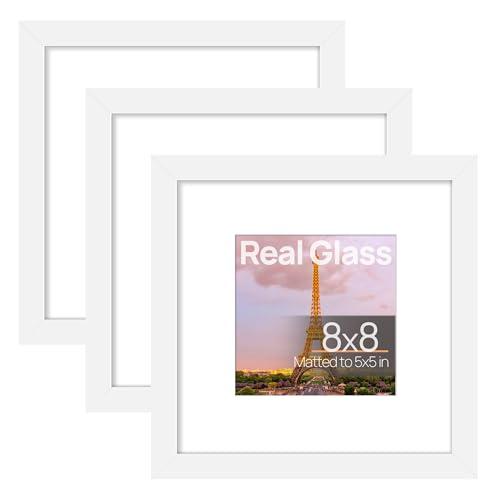 upsimples 8x8 Picture Frame Made of High Definition Glass, Display Pictures 5x5 with Mat or 8x8 Without Mat, Gallery Wall Frame Set, White