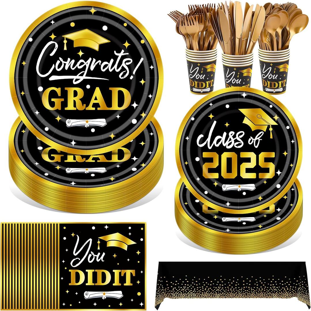 211Pcs Graduation Paper Plates Set - Include Paper Plates Cups Cutlery Napkins and Tablecloth for 2025 Graduation Party Supplies, Serve 30 (Black and Gold)