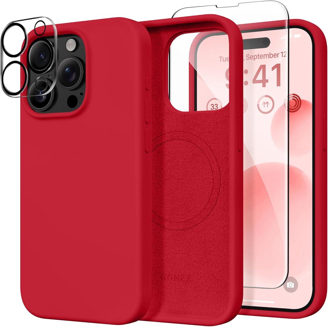 GONEZ for iPhone 15 Pro Max Case Silicone, Compatible with Magsafe, Camera Protector + Screen Protector, Soft Anti-Scratch Microfiber Lining, Liquid Silicone Shockproof Phone Cover, Red