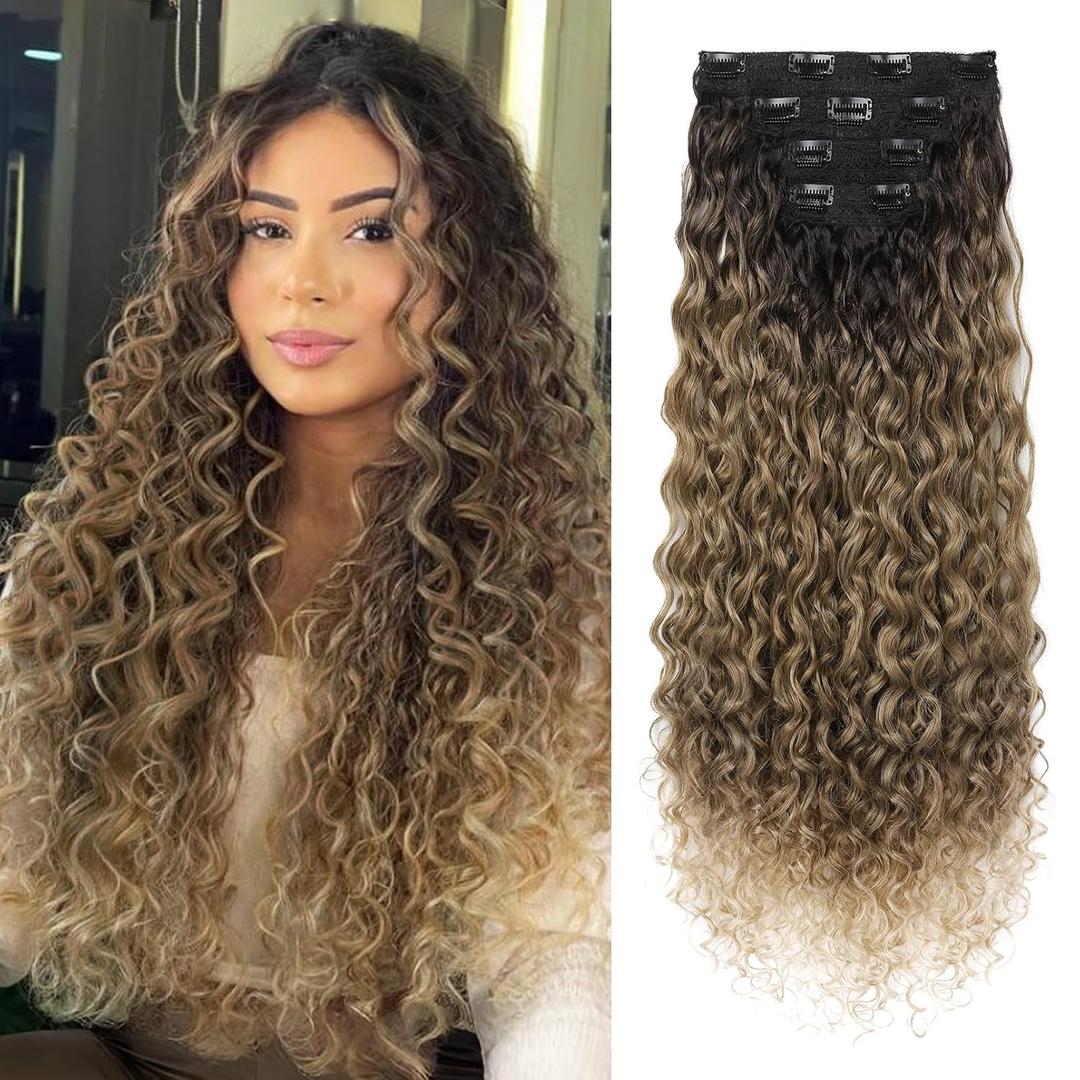 LONAI 4PC Clip in Hair Extensions, 100 Pure Protein Silk Curly Hair Extension for Women, 26 Inch Long Soft Natural Hair Extensions-Dark Brown to Medium Brown Light Roots