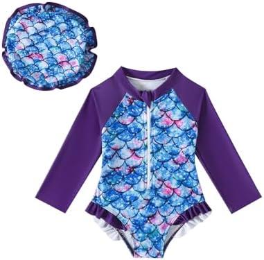Goodplayer Baby Girl Swimsuit One-Piece Long Sleeve Rash Guard with Hat Set Zipper Bathing Suit, Size 0-3M