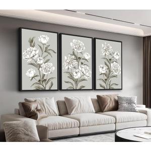 Large Framed Floral Wall Art, Elegant Blossom Plants Wall Pictures 16"x24" Set of 3 Light Grey Botanical Painting Prints Botany Peony Canvas Artwork for Living Room Bedroom Home Office Decor (neutral)