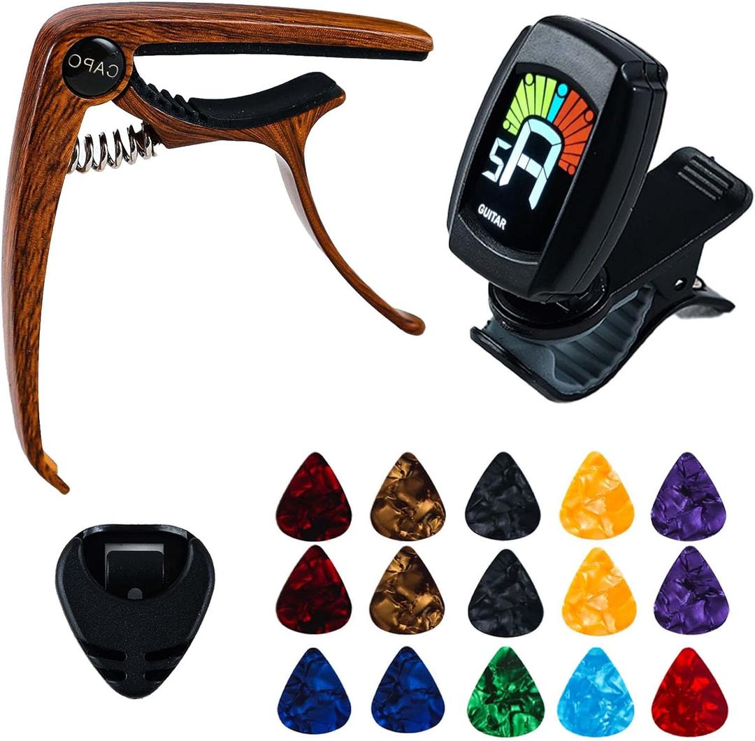 Guitar Accessories Kit 18PCS with Guitar Capo,Guitar Tuner,Guitar Picks,Clip-On Tuner for Guitar, Bass,ukulele & Violin
