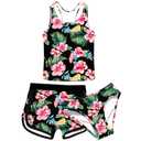 uideazone Girls 3 Piece Bathing Suit Summer UPF 50+ Racerback Swimsuit with Shorts Beach Tankini Sets 8-16 Years Old 