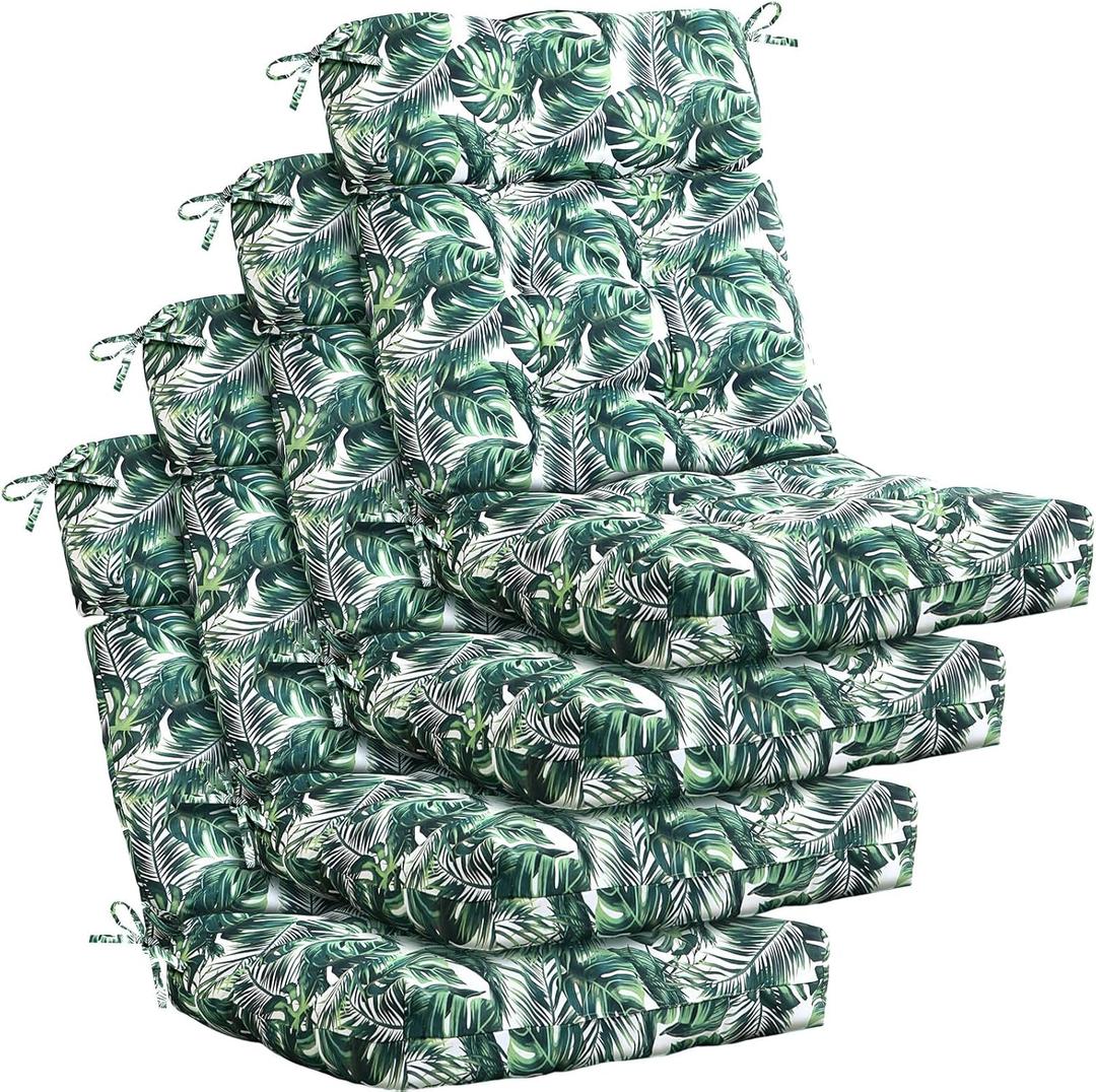 Barydat 4 Pcs Tufted High Back Chair Cushion Indoor Outdoor Seat and Back Cushions Palm Leaves Tropical Plants Lawn Rocking Chair Pads with Ties for Adirondack Patio Garden (Classic Style)