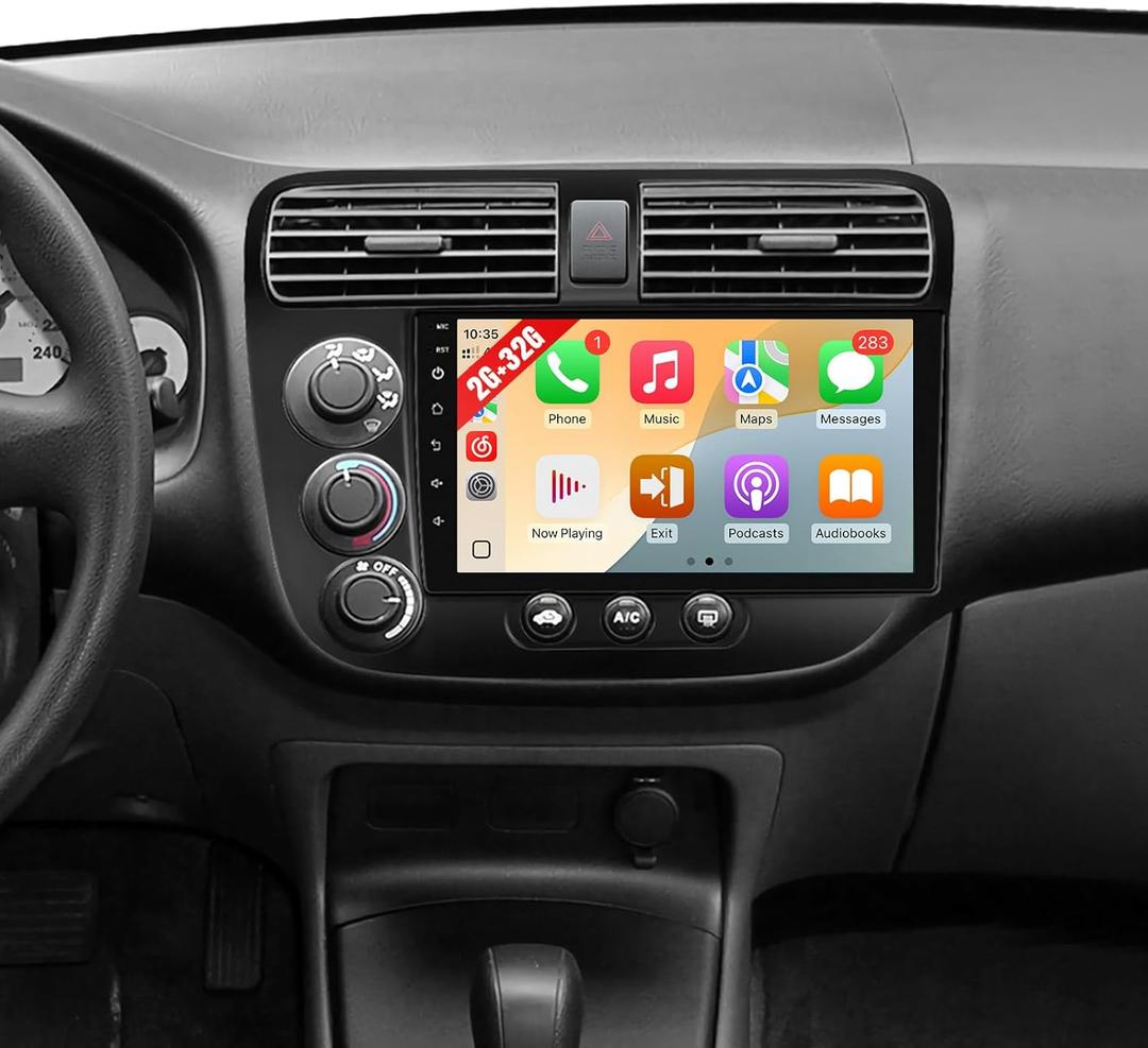 2+32GB Car Radio Stereo for Honda Civic 2001 2002 2003 2004 2005 with Wireless Carplay Android Auto 9-inch IPS Touchscreen Head Unit Replacement BT GPS WiFi FM HiFi DSP AHD Backup Camera