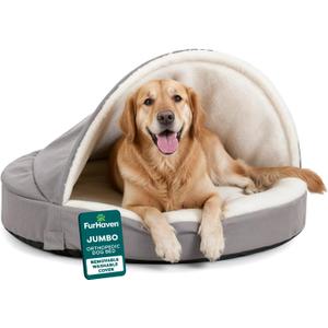 Furhaven 44" Round Orthopedic Dog Bed for Large Dogs w/ Removable Washable Cover, For Dogs Up to 80 lbs - Sherpa & Suede Snuggery - Gray, 44-inch