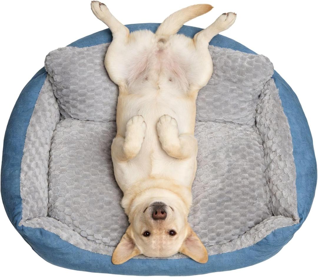 Big Dog Bed for Large Sized Dogs with Soft Plush Cushion, 35"x28"x13.7" Machine Washable High Backrest Bed, Round Pet Sofa with Non-Slip Bottom,Year-Round Comfort for Dogs Up to 66 lbs (Gray And Blue)