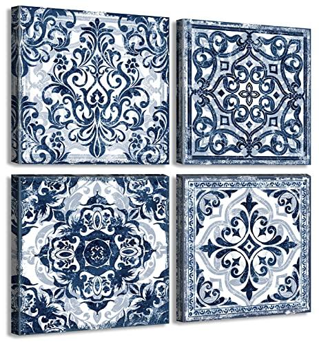 DJSYLIFE Bathroom Wall Decor Navy Blue Flower Paintings Canvas Prints Decoration Vintage Wall Art for Bedroom Framed Ready to Hang 12" Wx12 Hx4 pcs