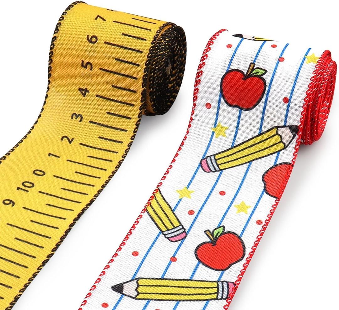 Hying 2 Rolls Back to School Ribbons - 2.5"10 Yards Wired Edge Yellow Burlap Pencil Apple Craft Ribbons for Gift Wrapping & Classroom Decorations