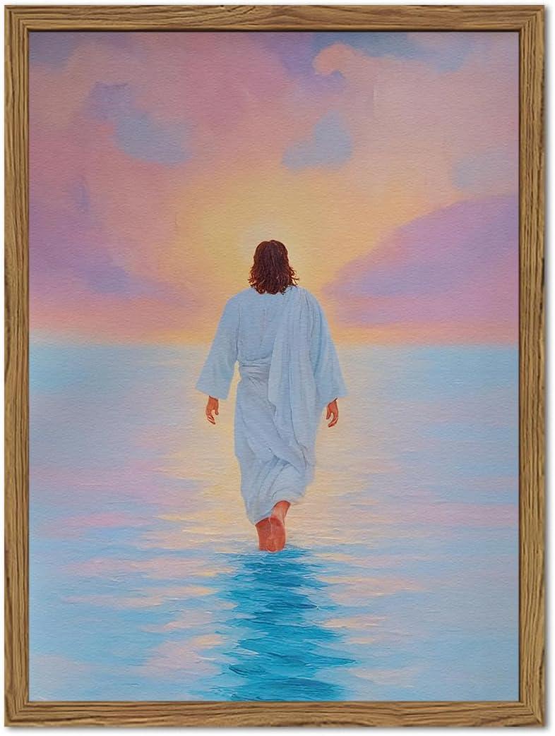Pink Jesus Walking On Water Wall Art Painting Pink Christian Girl Wall Decor 3D Textured Sandstone Religious Artwork for Living Prayer Room Bedroom 12x16 inch Wood Framed