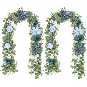 Waipfaru 2Pcs Flower Garland Decorations, Wedding Table Floral Rose Garland for Table Centerpieces Backdrop Wall, Eucalyptus Greenery Vines for Party Room Decor (Dusty Blue)