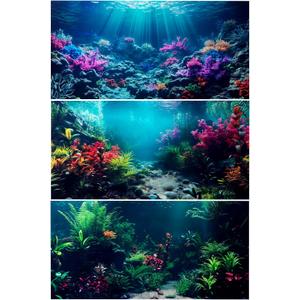 COMSUN 3 Pack Aquarium Background, 24x12 inches Polyester Aquarium Background, Cloth Fish Tank Background, Undersea Corals Sunshines & Rock Aquatic Plants