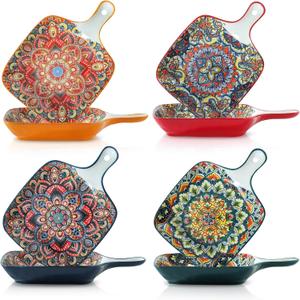 Ceramic Salad Square Plates With One Handle, 9.2in Boho Serving Plates Set Of 4 For Appetizer, Cereal, Oatmeal, Dessert, Pasta, Dishwasher And Microwave & Oven Safe, Present & Party, Colorful