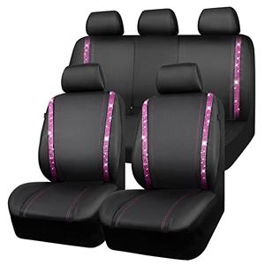CAR PASS Bling Diamond Car Seat Covers Full Set, Shining Rhinestone Waterproof Faux Leather, Rear with Zipper, Universal Fit Automotive Glitter Crystal Sparkle Strips for Women Girl, Black Pink