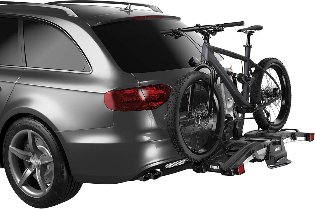 Thule EasyFold XT 2 Hitch Bike Rack - E-Bike Compatible - Fits 2" and 1, 1/4" receivers - Tool-Free Installation - Fully Foldable - Easy Trunk Access - Fully Locking - 130lb Load Capacity (Black)