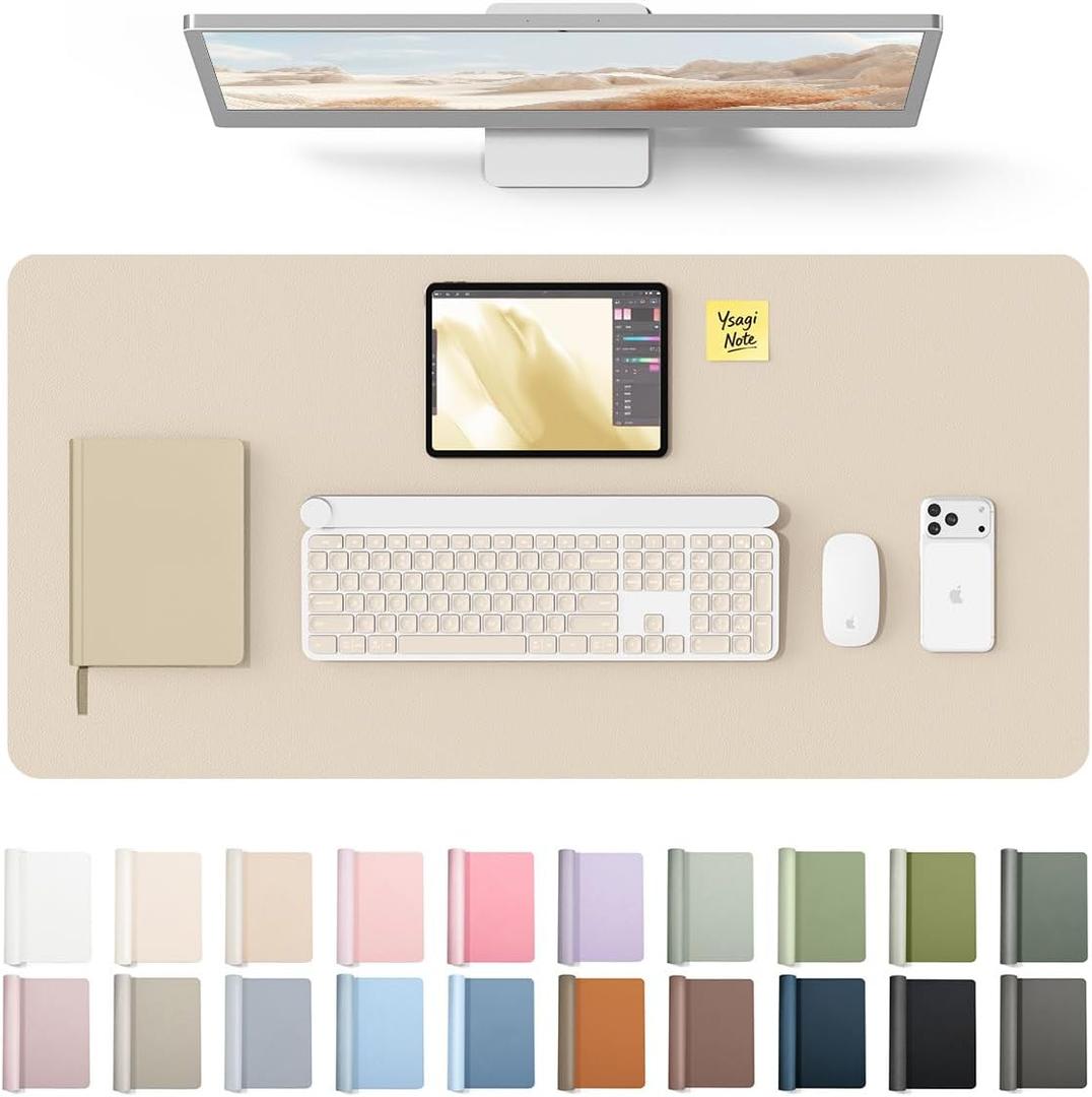 YSAGi Leather Desk Protector, Office Mat, Large Mouse Mat, Non-Slip PU Leather Blotter, Laptop Desk, Waterproof Writing Pad for Office and Home (Eggshell, 35.4" x 17")