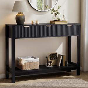 Nasonet Fluted Console Table, Wooden Sofa Table with Storage and Drawers, Farmhouse Behind Couch Table Entryway Table for Entrance, Hallway, Living Room, Black, 43.3 Inches X 11.8 Inches X 31.5 Inches