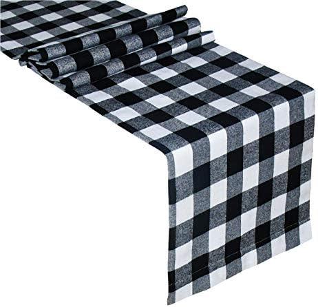 Senneny Buffalo Check Table Runner Cotton Black and White Plaid Classic Stylish Design for Family Dinner Christmas Holiday Birthday Party Table Home Decoration (White and Black, 14 x 108 Inch)