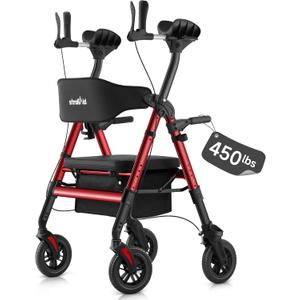 StrollAid Upright Walkers for Seniors, 450 lb Heavy Duty Stand Up Rollator Walker with Adjustable Soft Sponge Arm support & Seat, Tall Standing Folding Rolling Walker with 8'' Wheel, Red